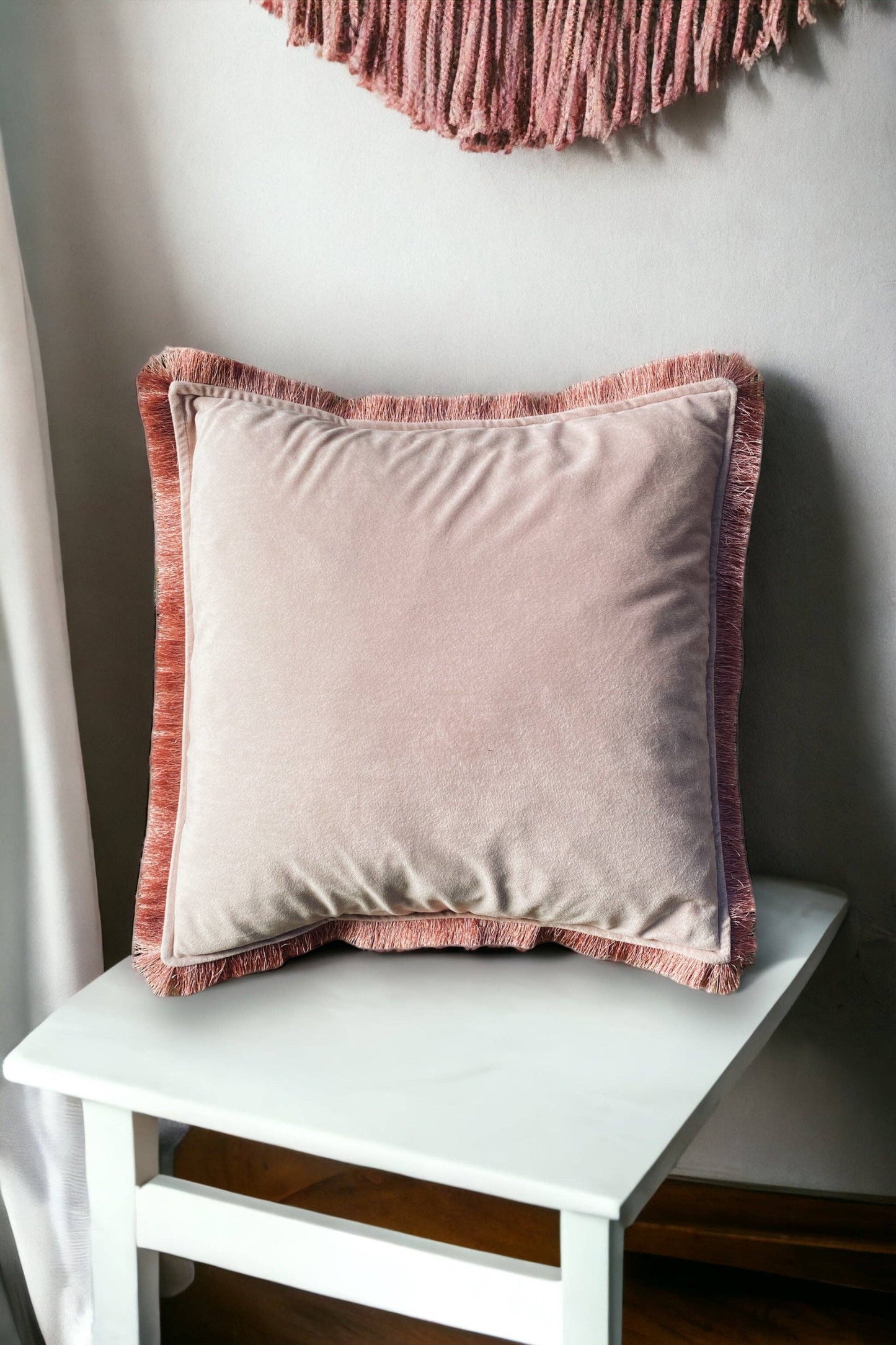 Pink Velvet Cushion With Fringe Edge