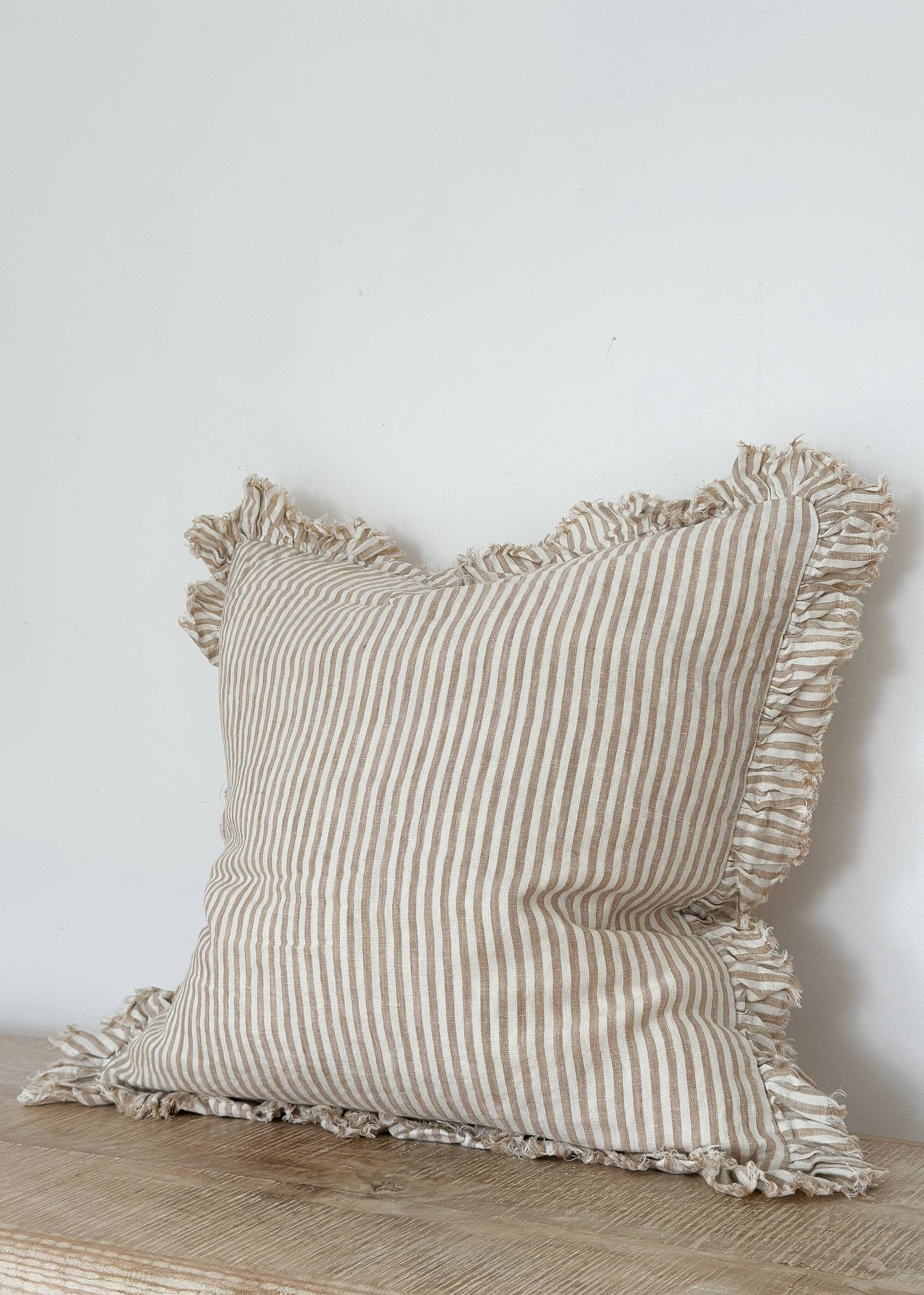 Ruffled Linen Cushion Cover – Light Brown Stripe