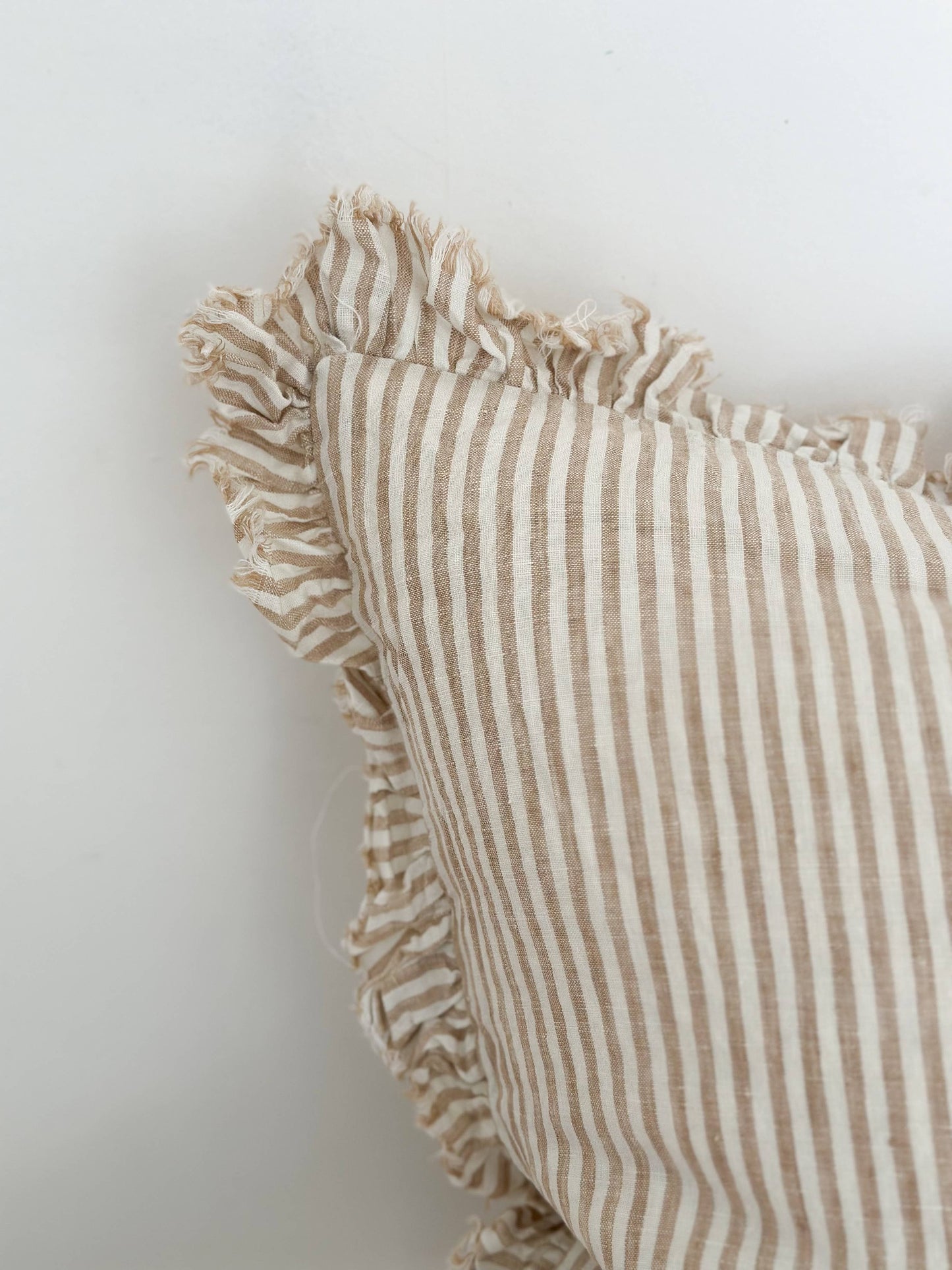 Ruffled Linen Cushion Cover – Light Brown Stripe