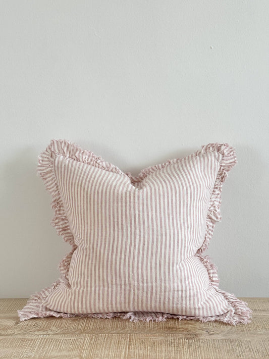 Ruffled Linen Cushion Cover – Rose Stripe