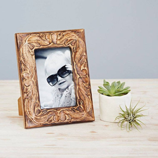 Foliage Carved Mango Wood Photo Frame - Handmade