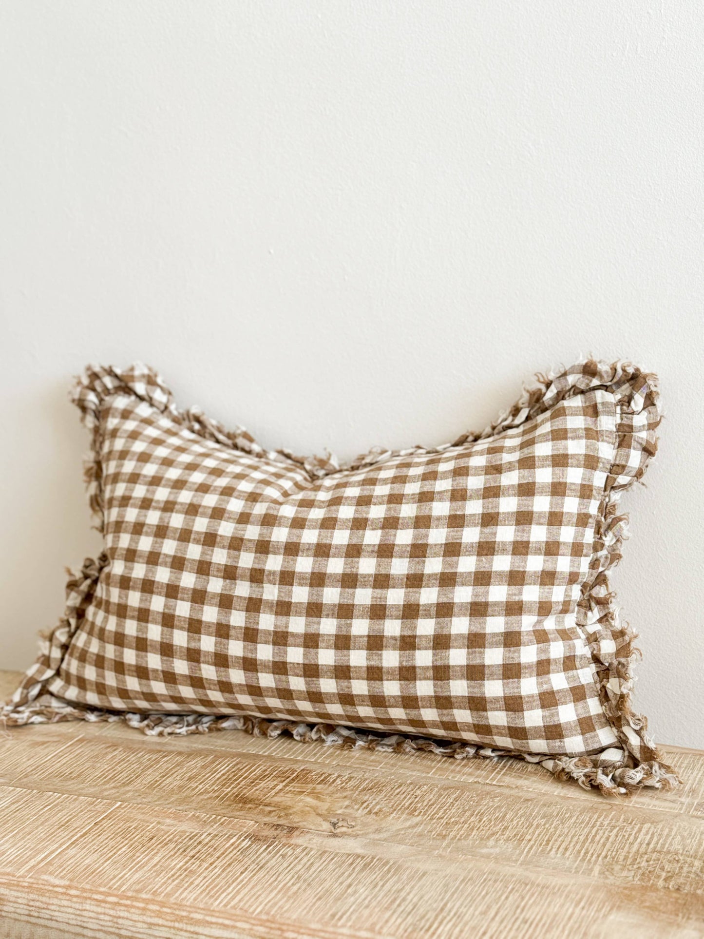Ruffled Linen Cushion Cover - Coffee Gingham
