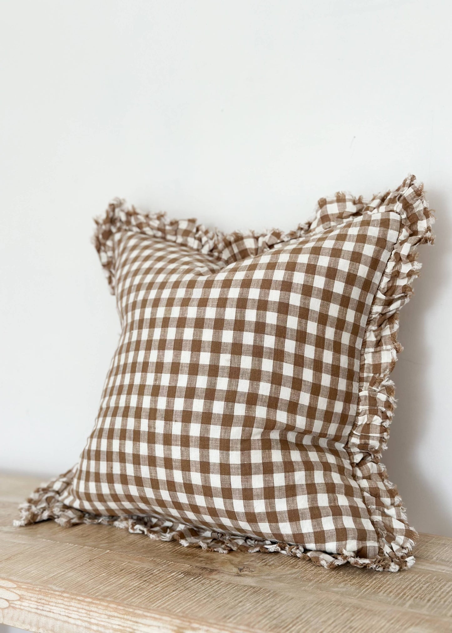 Ruffled Linen Cushion Cover - Coffee Gingham