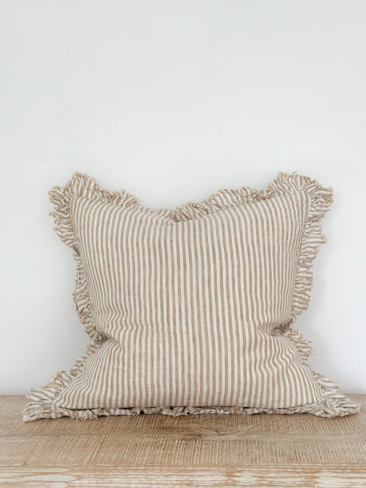 Ruffled Linen Cushion Cover – Light Brown Stripe