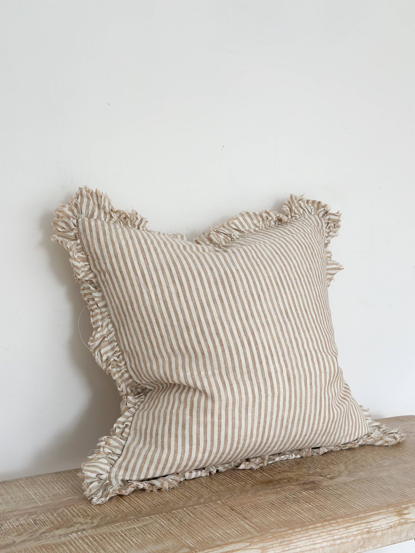 Ruffled Linen Cushion Cover – Light Brown Stripe