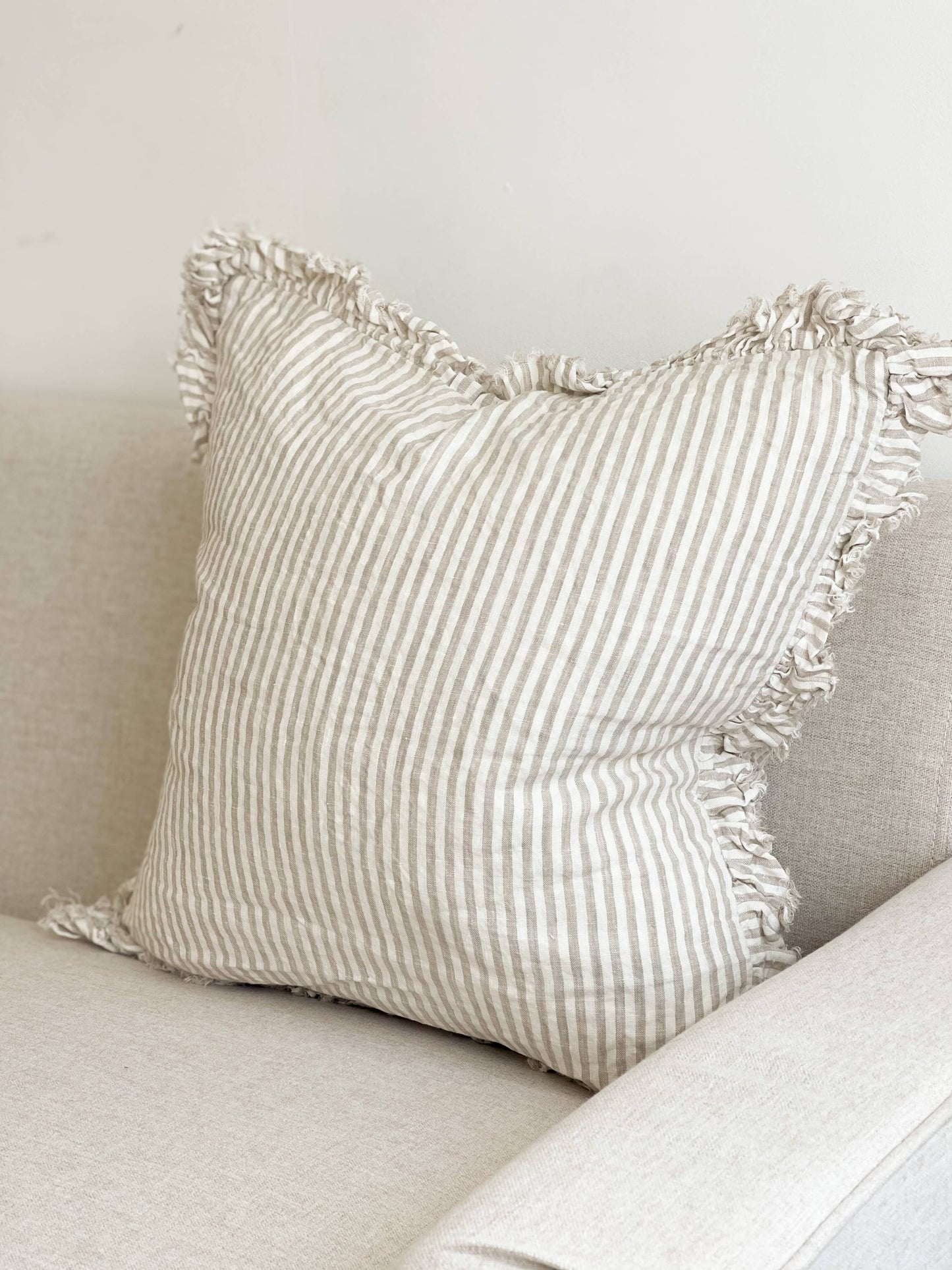 Ruffled Linen Cushion Cover – Natural Stripe