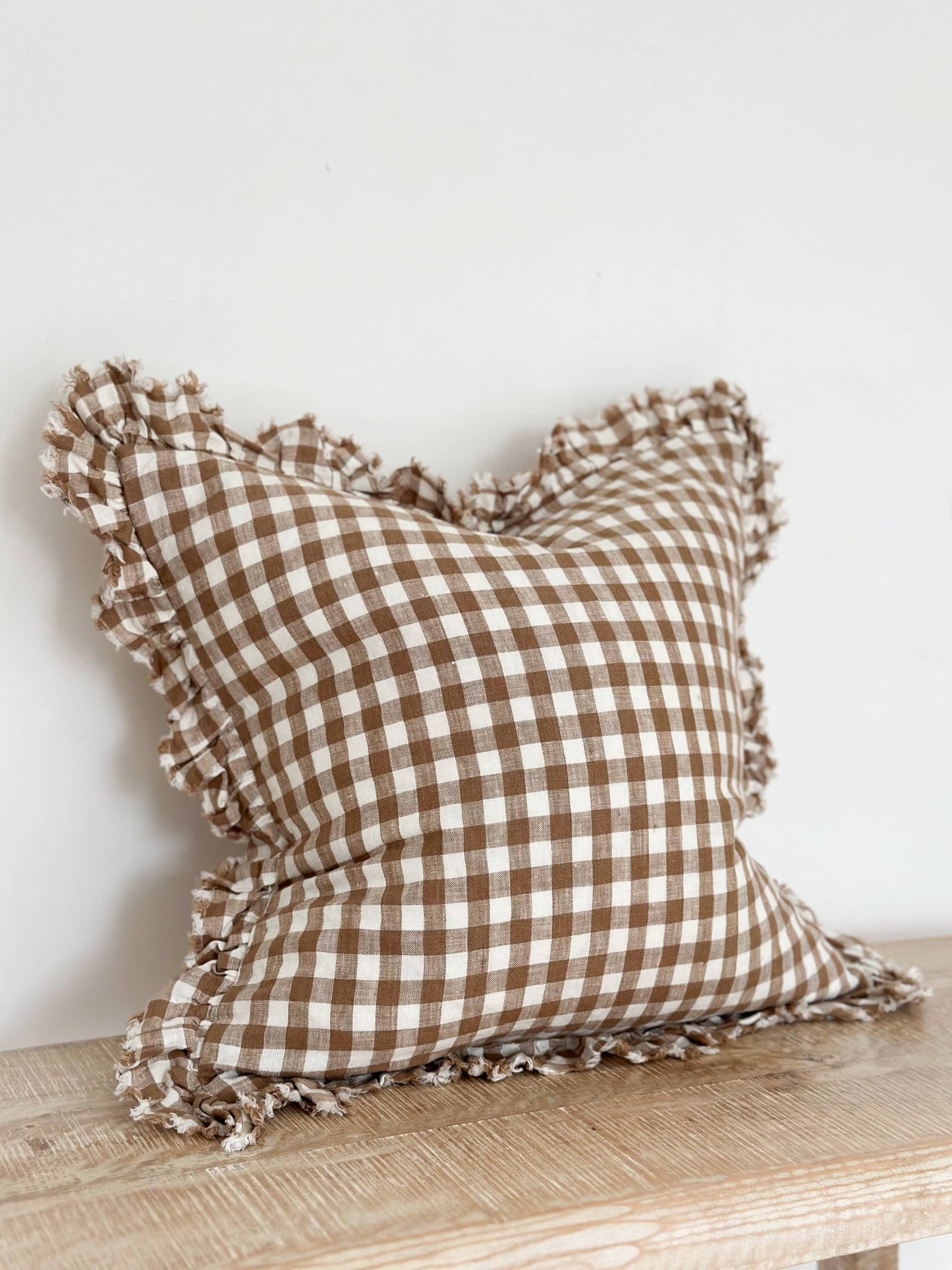 Ruffled Linen Cushion Cover - Coffee Gingham