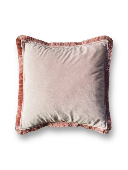 Pink Velvet Cushion With Fringe Edge