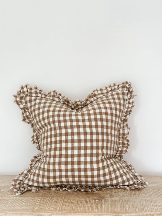 Ruffled Linen Cushion Cover - Coffee Gingham
