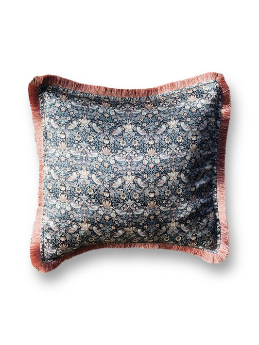 Strawberry Thief Liberty Print Silk Cushion With Fringe Edge