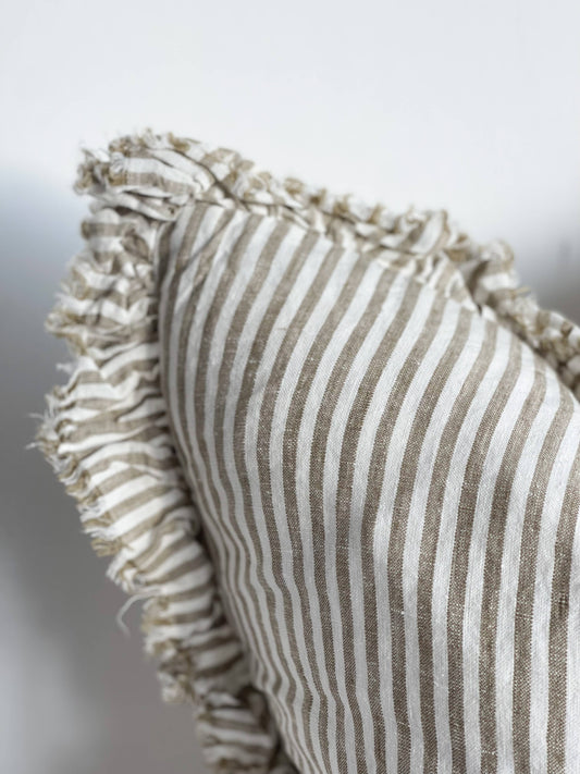 Ruffled Linen Cushion Cover – Olive Stripe