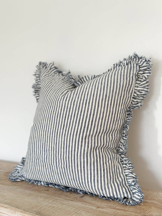 Ruffled Linen Cushion Cover – Navy Stripe