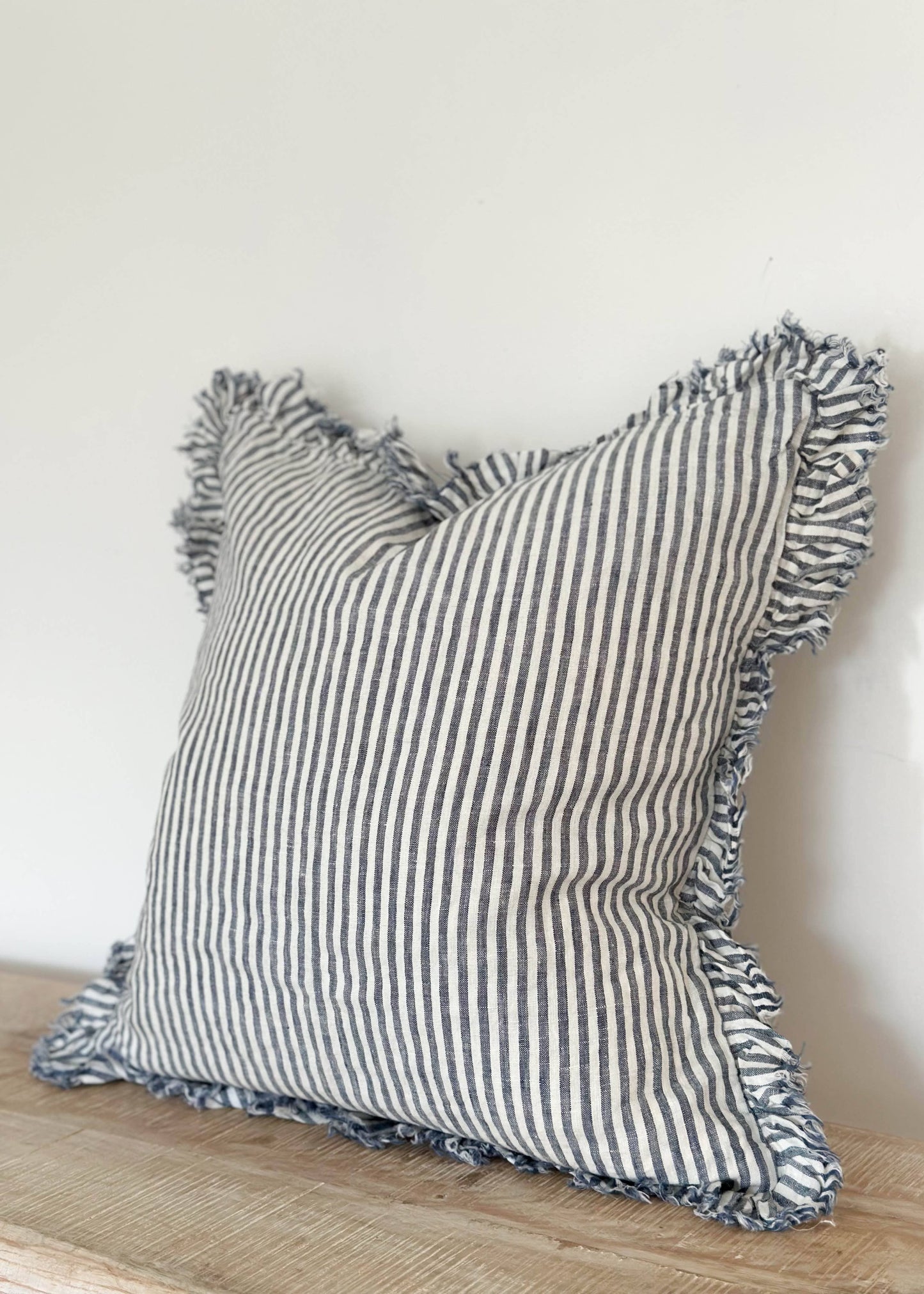 Ruffled Linen Cushion Cover – Navy Stripe