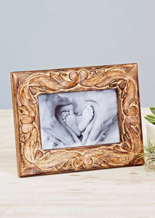 Foliage Carved Mango Wood Photo Frame - Handmade