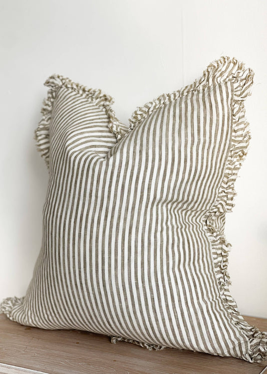 Ruffled Linen Cushion Cover – Olive Stripe