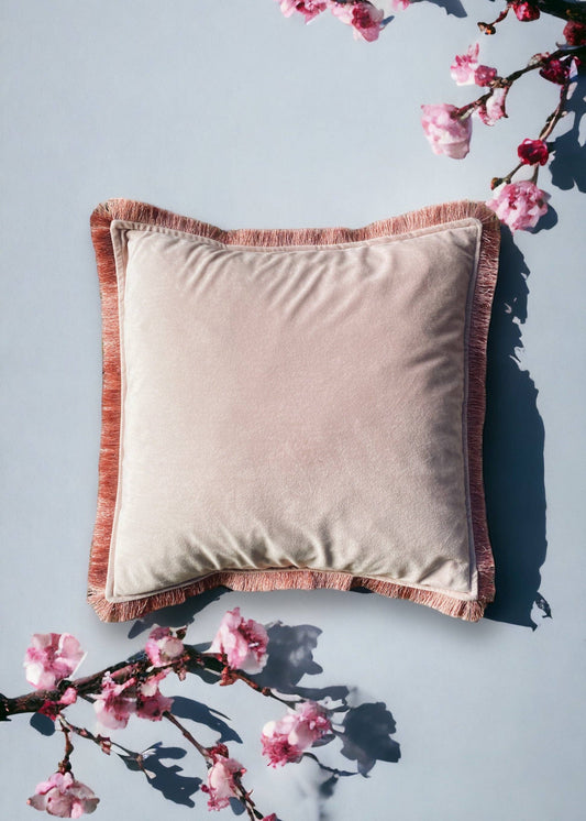 Pink Velvet Cushion With Fringe Edge